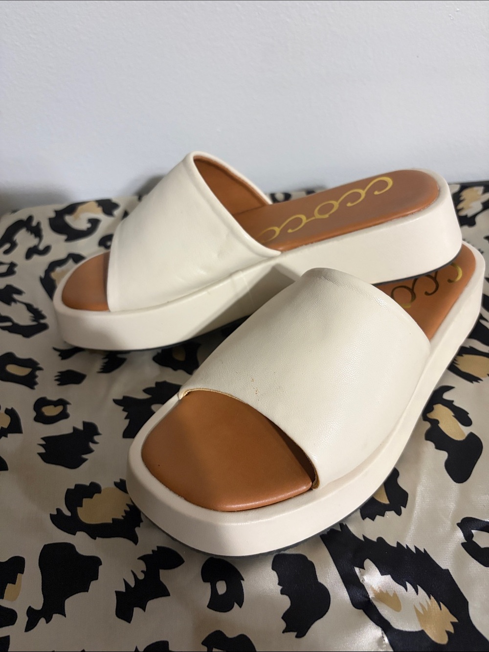 CCOCCI Cream Slide Platform Mules with Tan Footbed